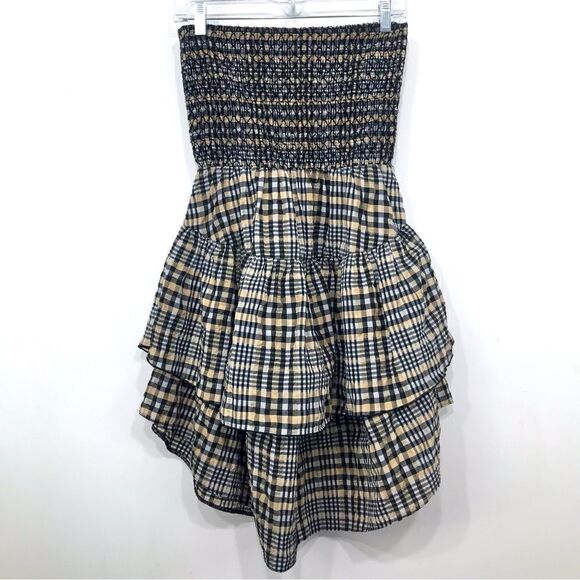 Ganni CHARRON Tiered Light Brown Plaid Versatile Skirt Dress - Picture 8 of 16